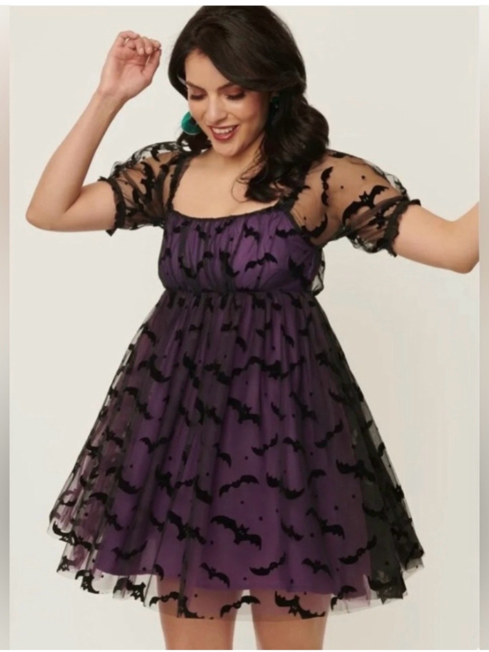 Unique Vintage Halloween Purple Dress with Black Sheer Bats Overlay